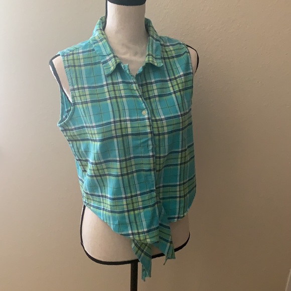 LARGE Blue/Green Express Plaid Cropped Top - Picture 4 of 6